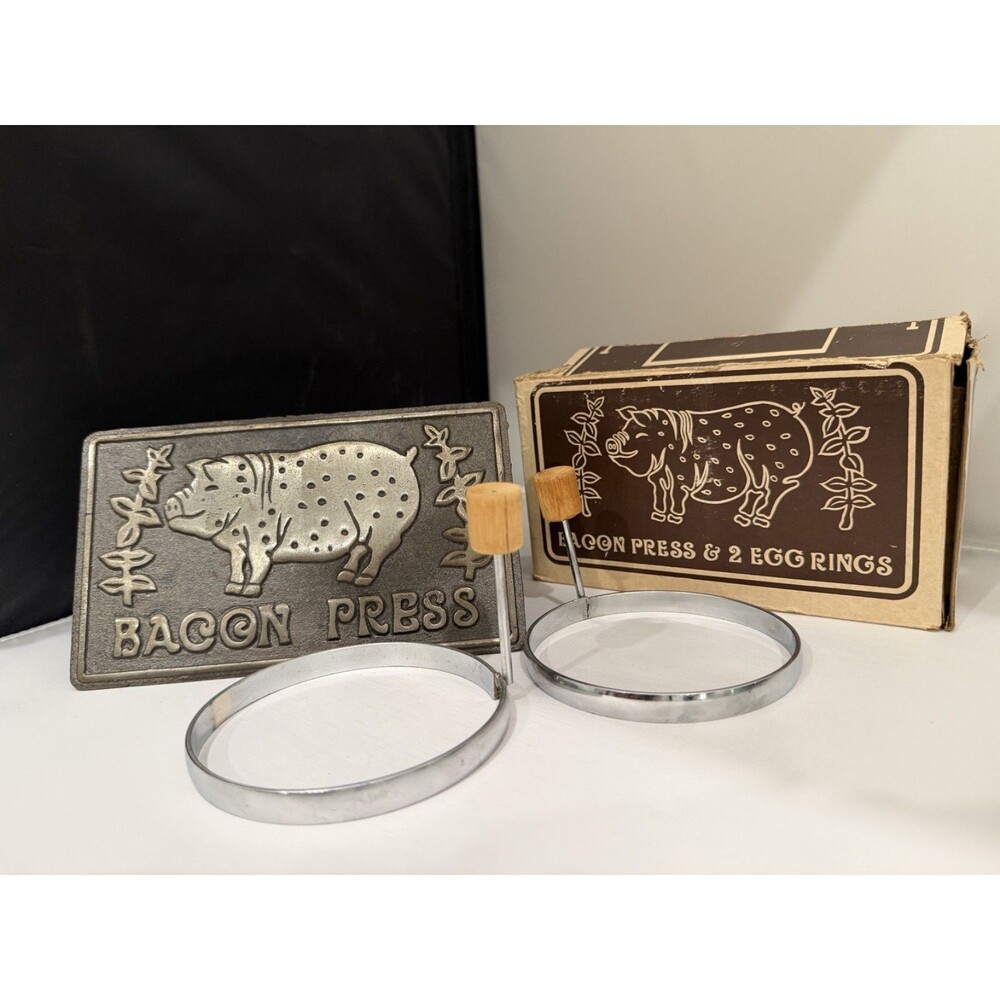Vintage 1980s Cast Iron Bacon Press & 2 Egg Rings Set Box Taiwan No 6543